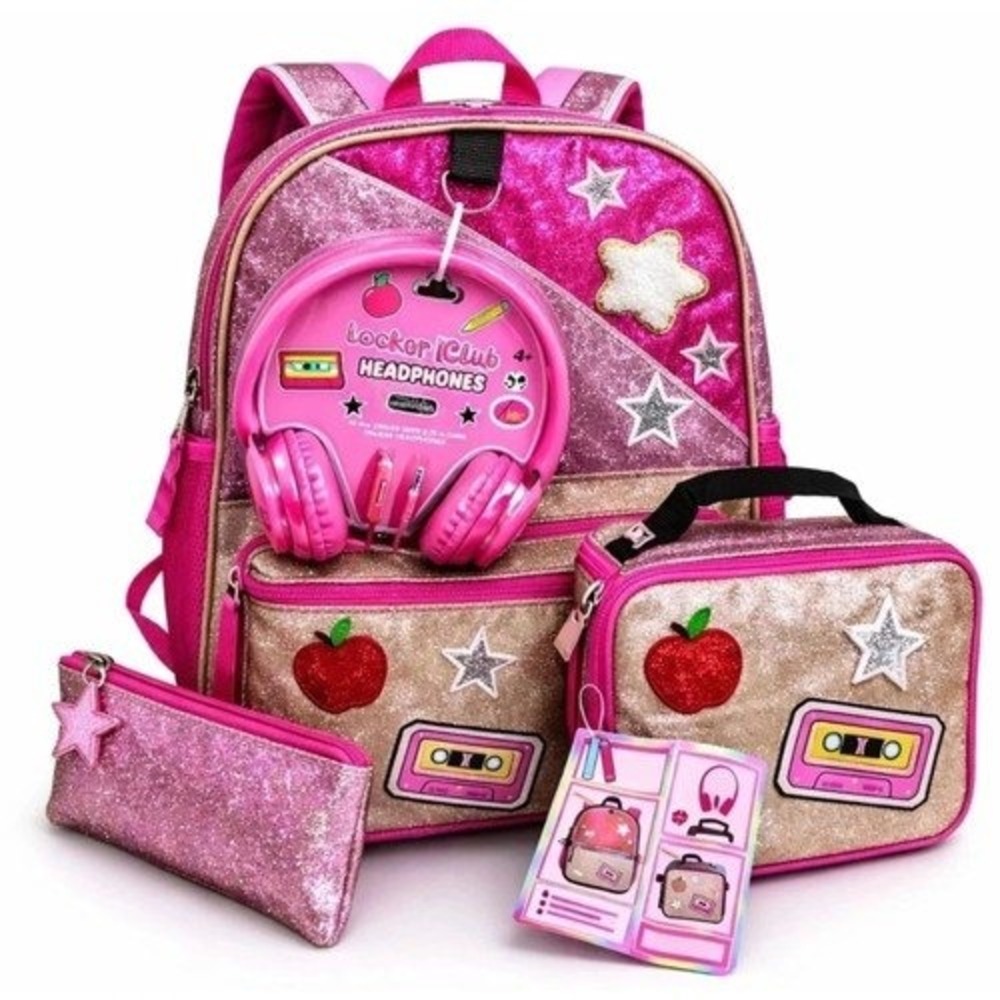 Locker Club 17" Girls 4pc Backpack Pink Glitter Lunch Bag Wristlet Headphones